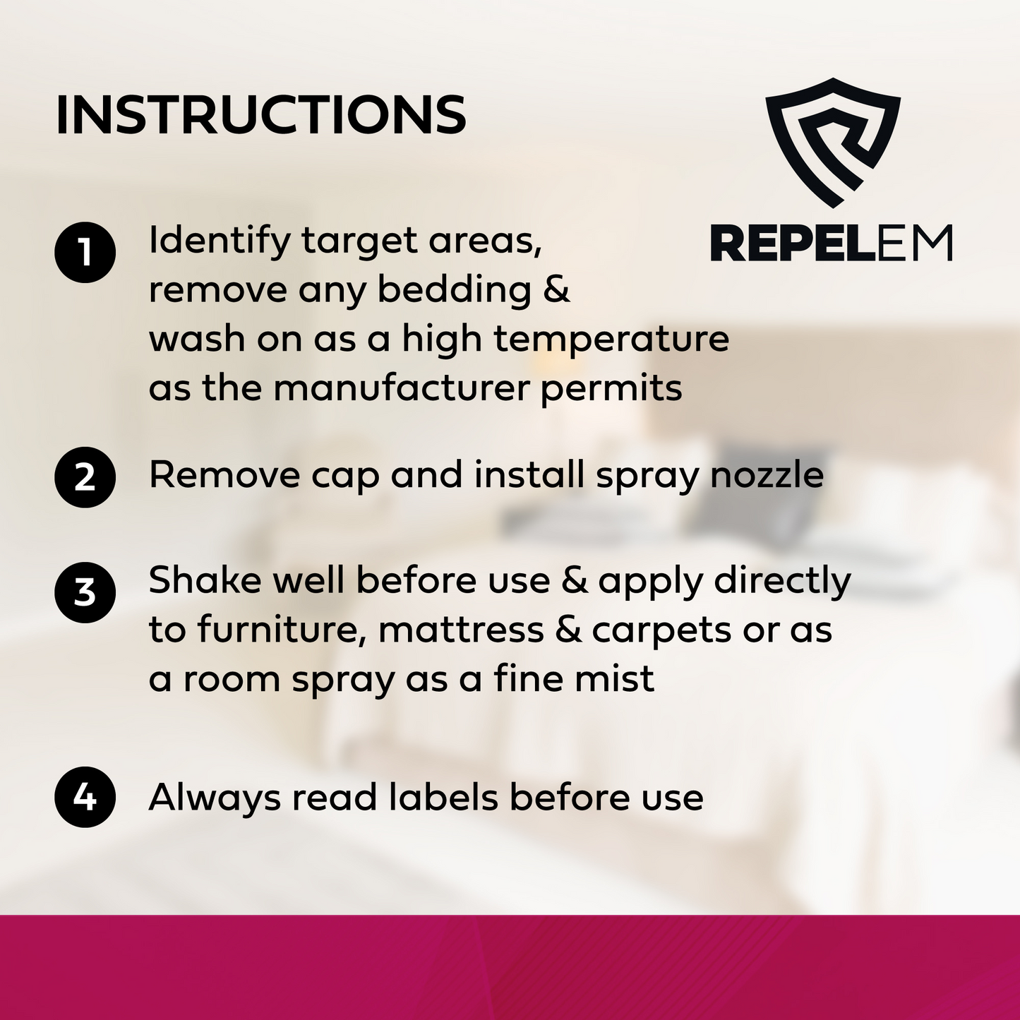 product instructions, identify target areas, install spray nozzle, shake well, apply as surface treatment. Reads label before use.