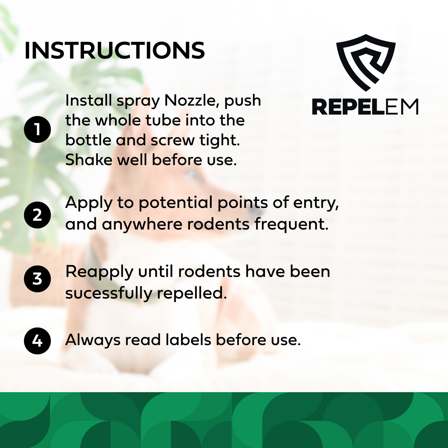 Product instructions, attach spray nozzle, apply to possible points of entry. Reapply as required.