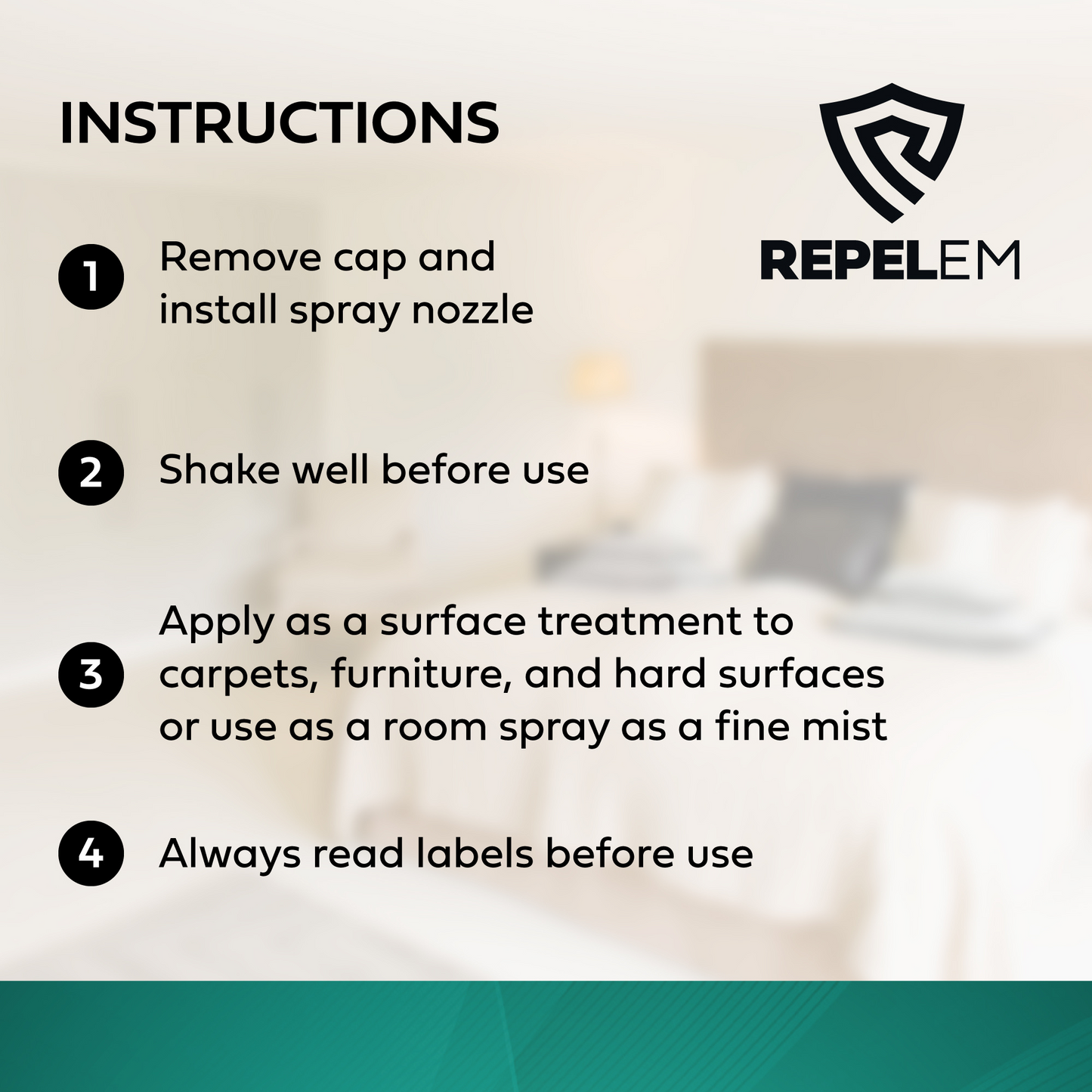 Instructions, install spraynozzle, shake well, apply as surface treatment or as a room spray. Read label before use.